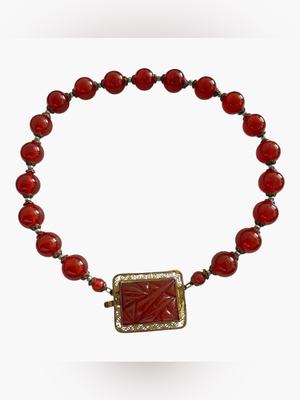 Antique Czech Signed Red Glass Filigree Choker Necklace Molded Center Clasp